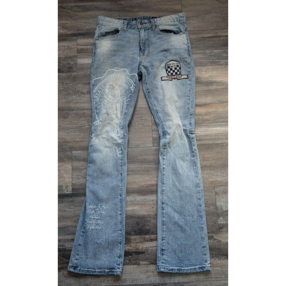 Smoke Rise Stacked Flare Fit Jeans Men 32x34.5 Blue Denim Distressed Streetwear
